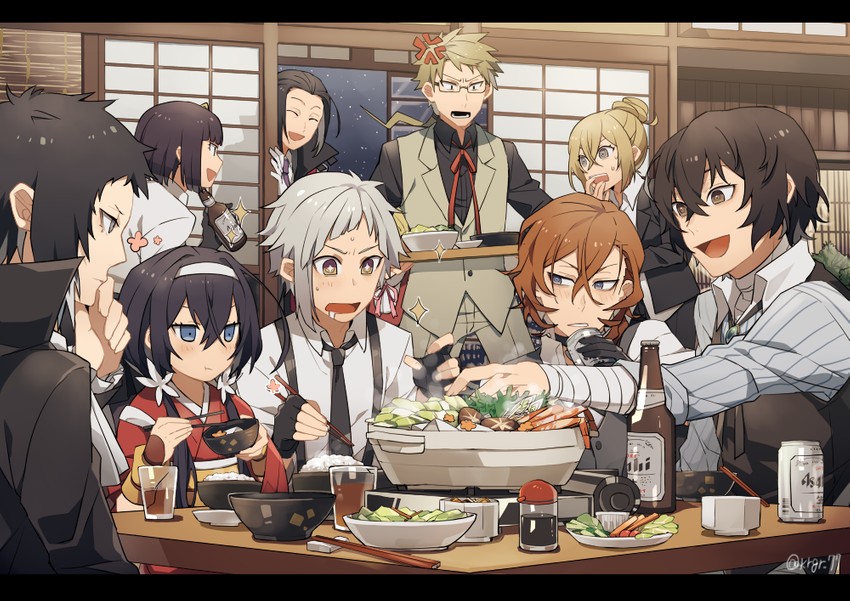 dazai osamu, nakahara chuuya, nakajima atsushi, akutagawa ryuunosuke, izumi kyouka, and 4 more (bungou stray dogs) drawn by kiragera