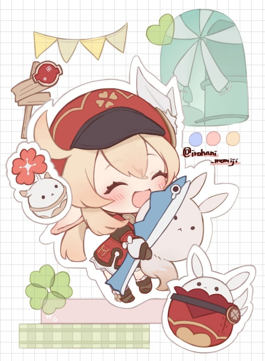 klee, dodoco, and jumpy dumpty (genshin impact) drawn by irohani_momiji