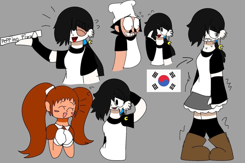 peppino spaghetti, margherita, and korean girl working at peppino's pizza (original and 1 more) drawn by hanano7535