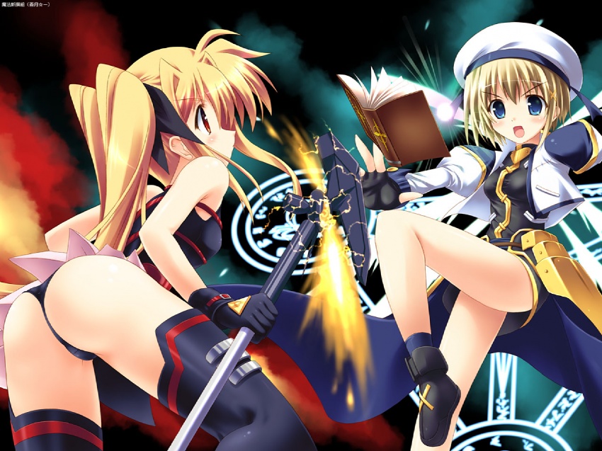 fate testarossa, yagami hayate, tome of the night sky, and bardiche (lyrical nanoha and 2 more) drawn by kouzuki_hajime