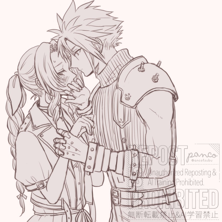 cloud strife and aerith gainsborough (final fantasy and 2 more) drawn by ancotsubu