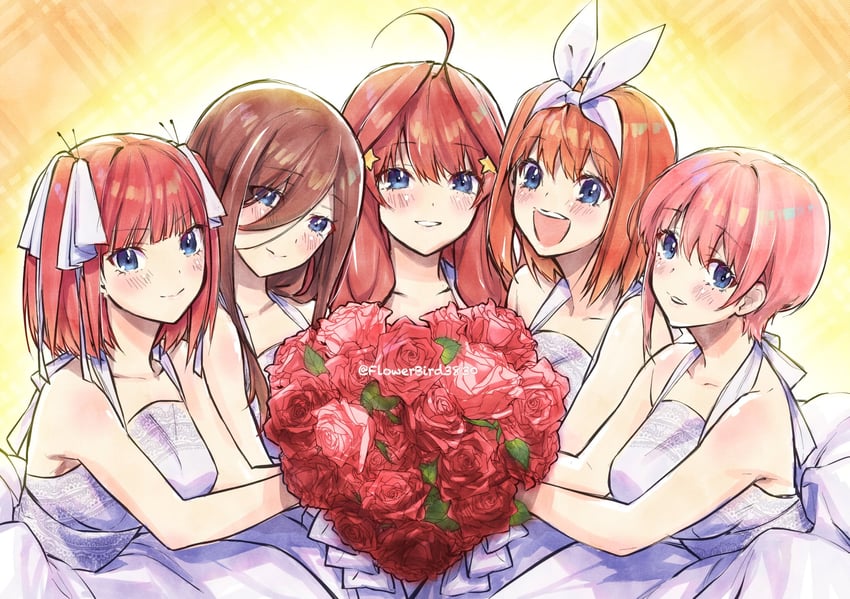nakano nino, nakano miku, nakano yotsuba, nakano itsuki, and nakano ichika (go-toubun no hanayome) drawn by yu_(flowerbird3830)