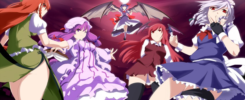 remilia scarlet, izayoi sakuya, patchouli knowledge, hong meiling, and koakuma (touhou) drawn by magukappu