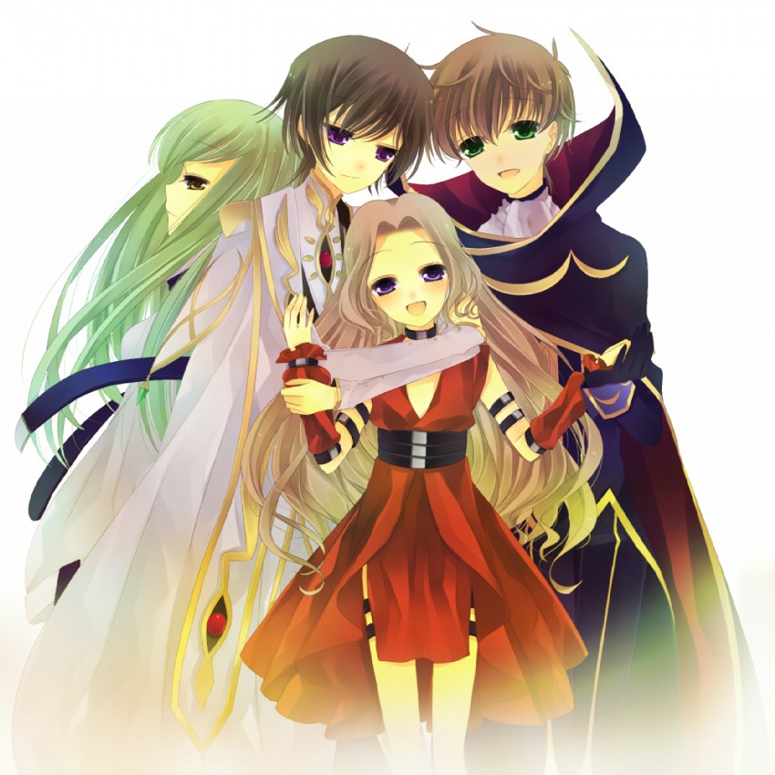 c.c., lelouch vi britannia, kururugi suzaku, nunnally vi britannia, and zero (code geass) drawn by tourin_fuwa