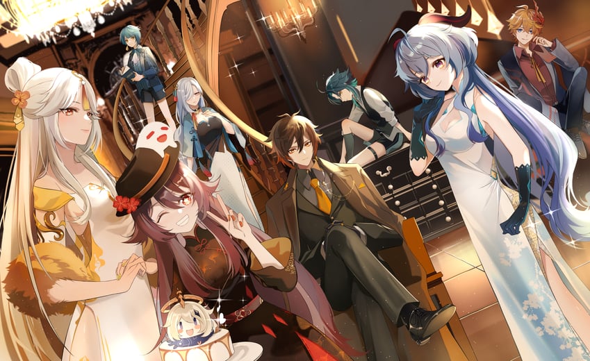 ganyu, hu tao, zhongli, paimon, tartaglia, and 5 more (genshin impact) drawn by ahk_dh