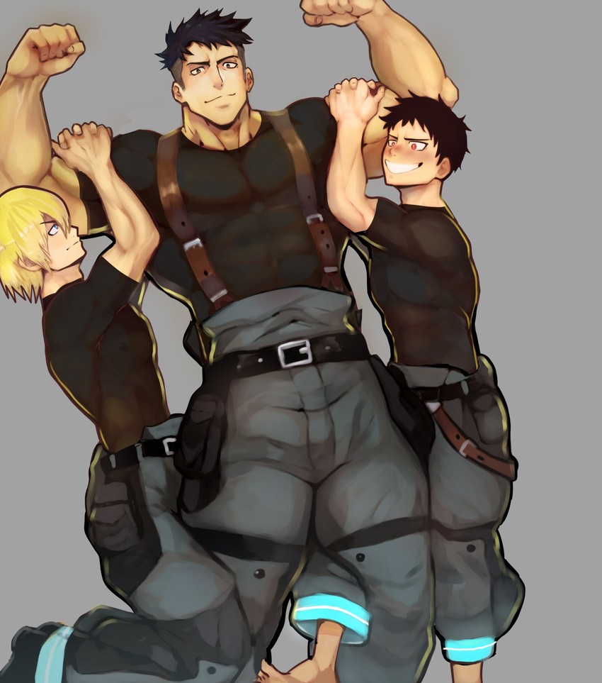 akitaru oubi, shinra kusakabe, and arthur boyle (en'en no shouboutai) drawn by robokeh