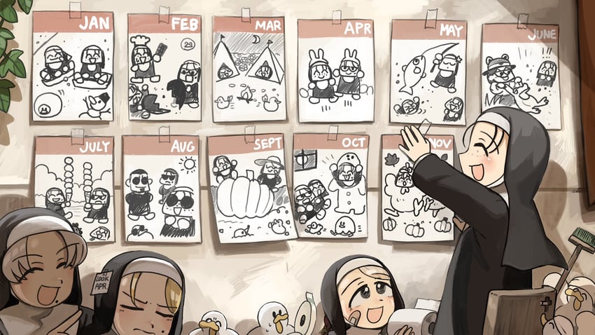 strict nun, smug nun, leaf nun, and freckles nun (little nuns) drawn by diva_(hyxpk)
