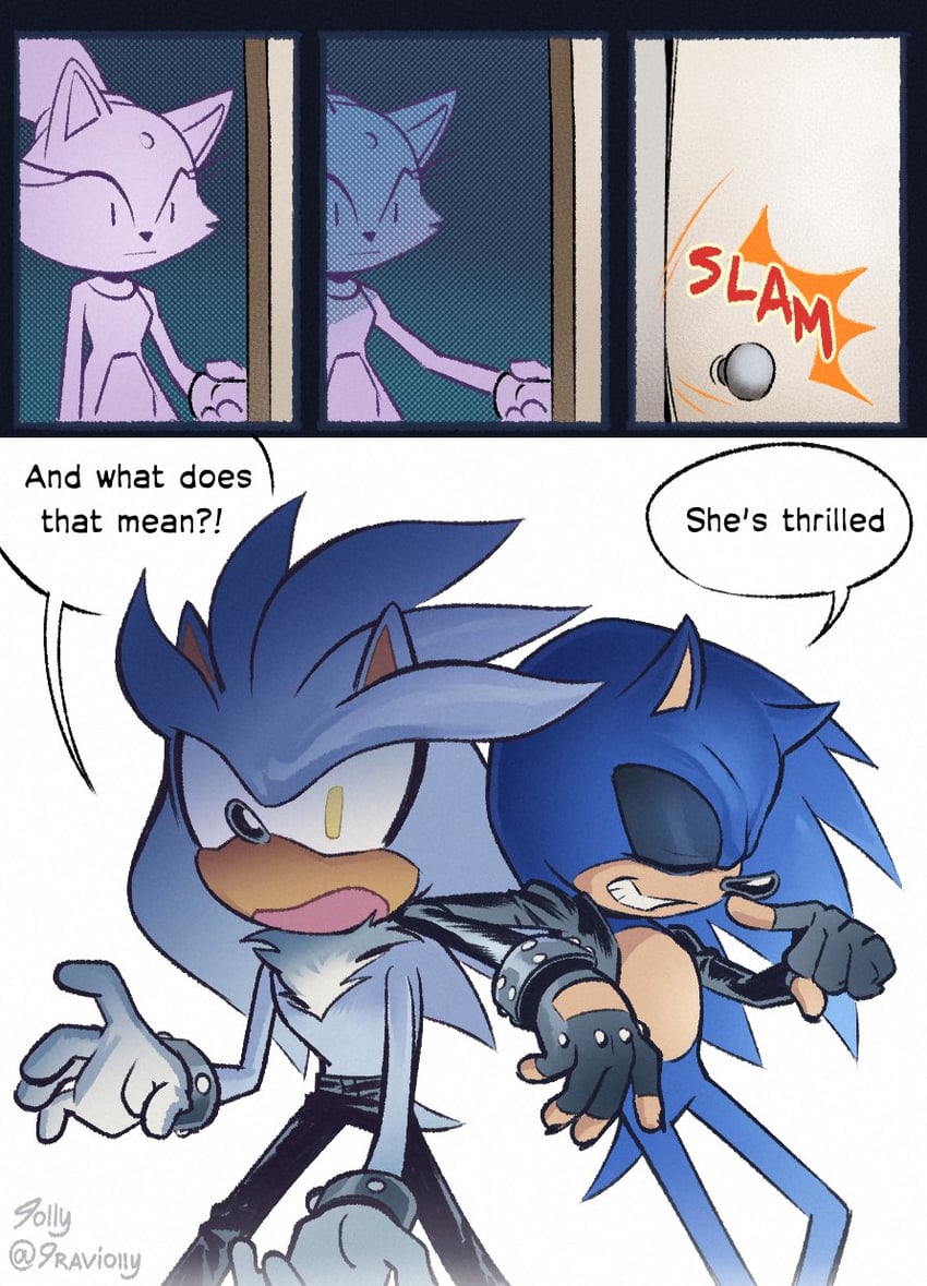 sonic the hedgehog, blaze the cat, and silver the hedgehog (sonic) drawn by 9raviolly