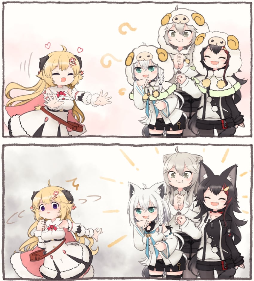 shirakami fubuki, ookami mio, shishiro botan, and tsunomaki watame (hololive) drawn by tonton_(tonz159)