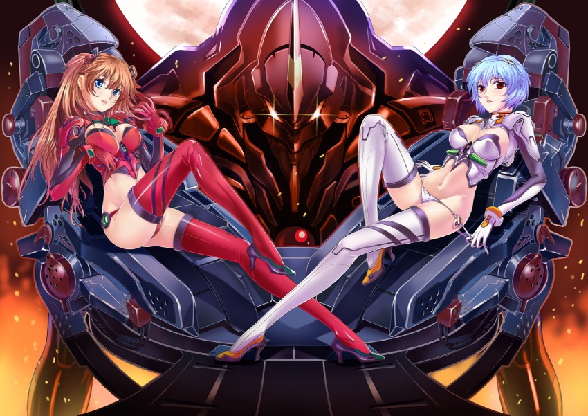 souryuu asuka langley, ayanami rei, and eva 01 (neon genesis evangelion and 1 more) drawn by andy_h