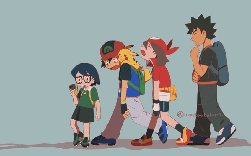 pikachu, may, ash ketchum, brock, and max (pokemon and 1 more) drawn by umebosibakari2