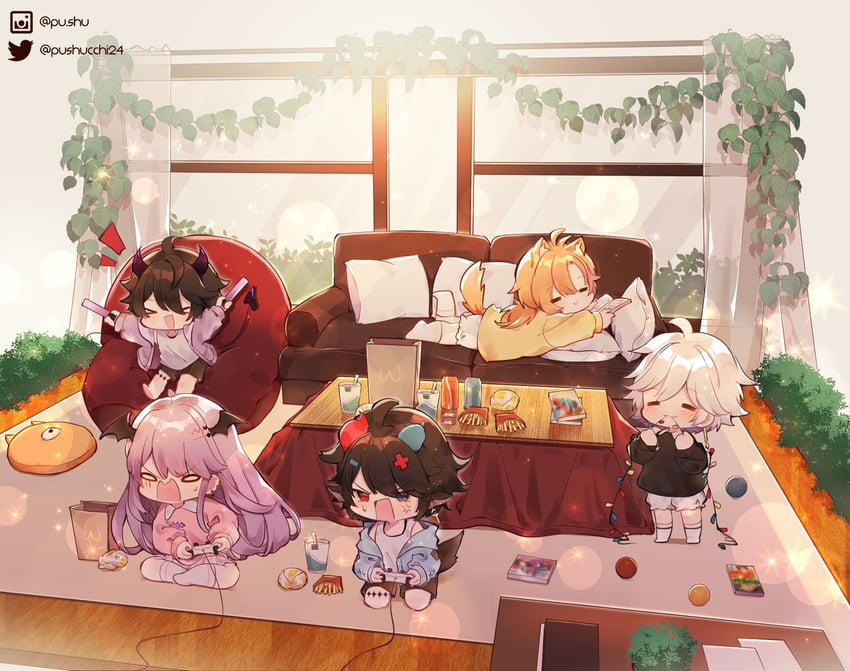 mythia batford, xeapher, akemi nekomachi, keigo aria, and clozy (indie virtual youtuber and 1 more) drawn by pushu