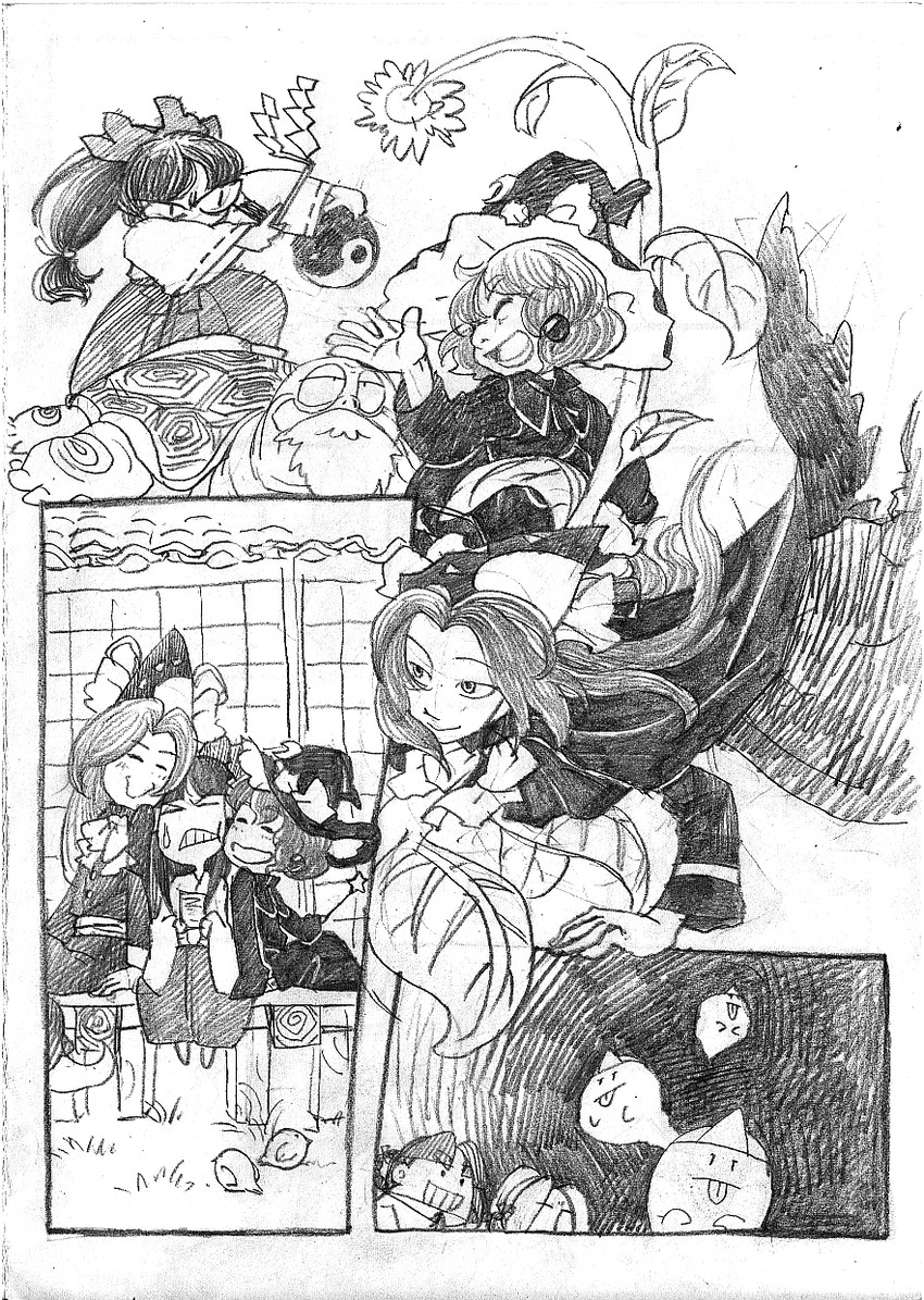 hakurei reimu, kirisame marisa, mima, meira, rika, and 2 more (touhou) drawn by d-nobi
