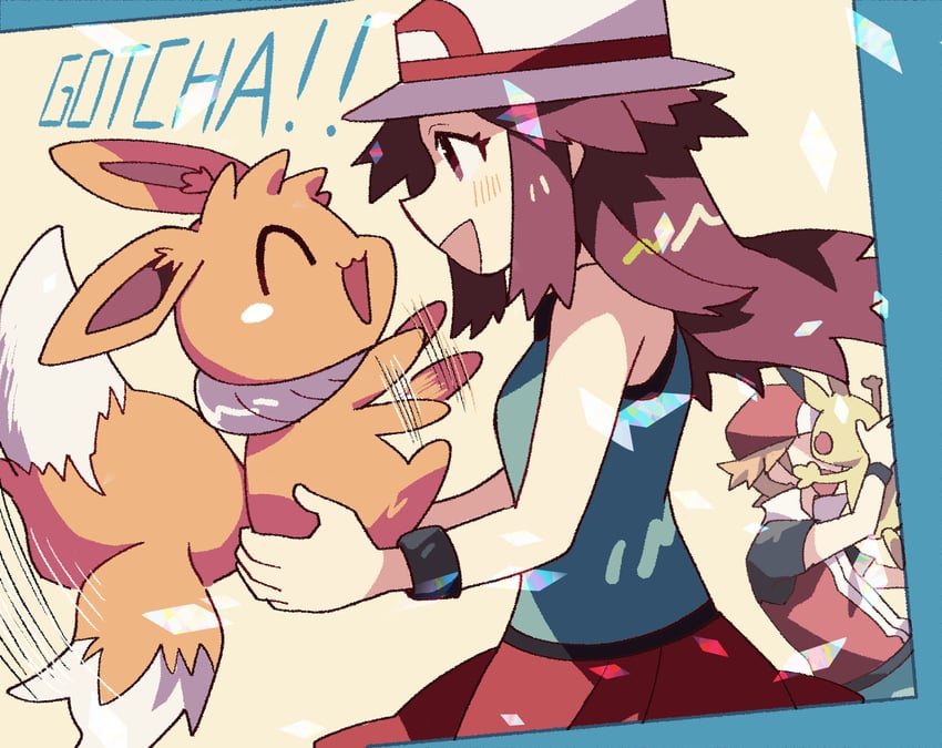 pikachu, red, eevee, and leaf (pokemon and 1 more) drawn by anidler91