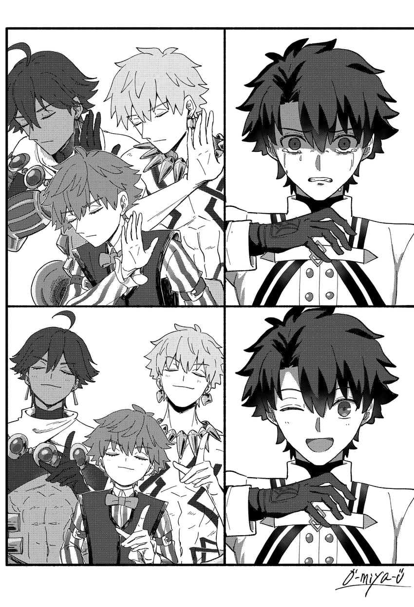 fujimaru ritsuka, gilgamesh, hans christian andersen, and ozymandias (fate and 1 more) drawn by o-miya_(ohmiya_you)