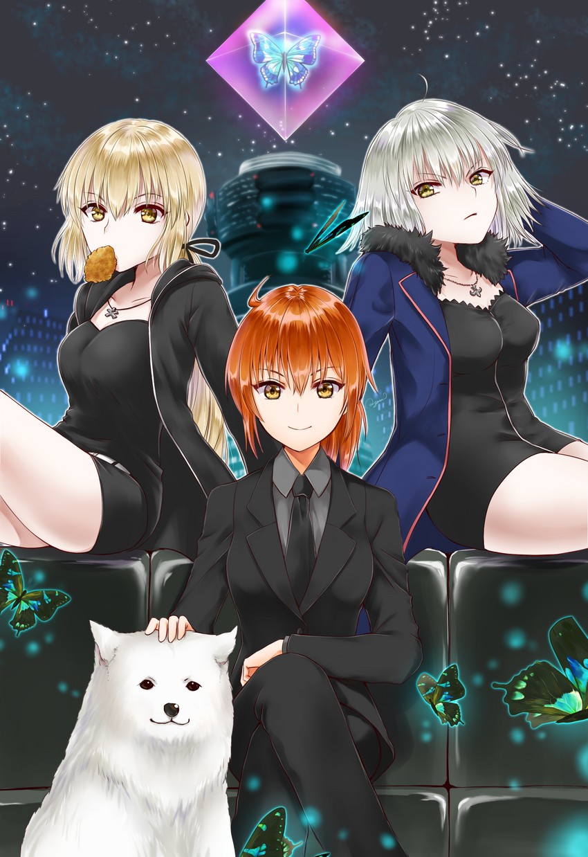 artoria pendragon, fujimaru ritsuka, jeanne d'arc alter, saber alter, and cavall ii (fate and 1 more) drawn by ayamu_(igakato)