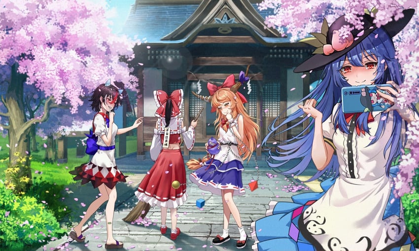 hakurei reimu, hinanawi tenshi, ibuki suika, and kijin seija (touhou) drawn by allmyheaven