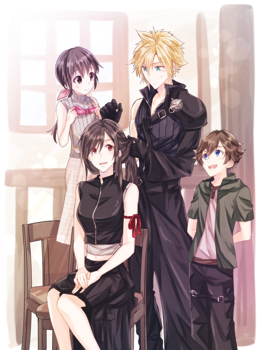 tifa lockhart, cloud strife, marlene wallace, fenrir, and denzel (final fantasy and 2 more) drawn by mizuamememe