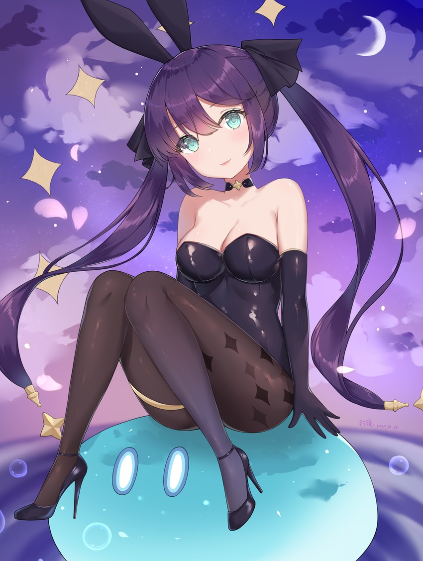 mona, slime, and hydro slime (genshin impact) drawn by kagami_(kgmgts)