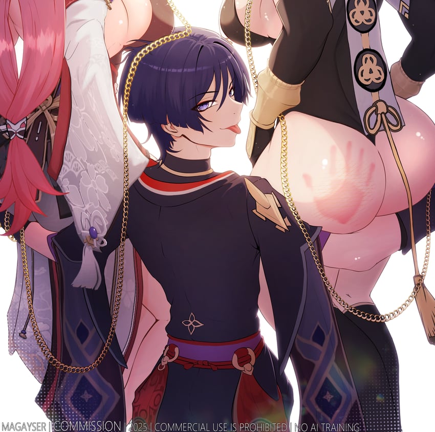 scaramouche, yae miko, and kujou sara (genshin impact) drawn by magayser