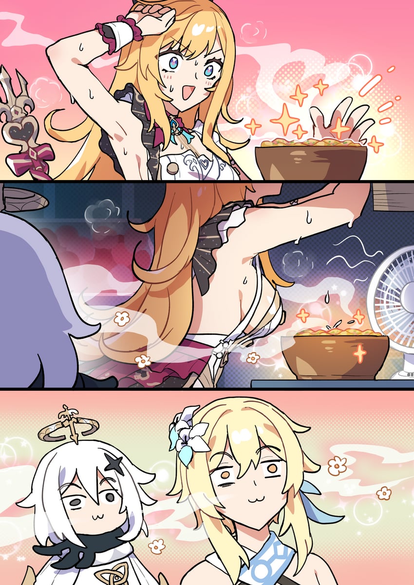 lumine, paimon, and escoffier (genshin impact) drawn by sakana_(fishchunk)