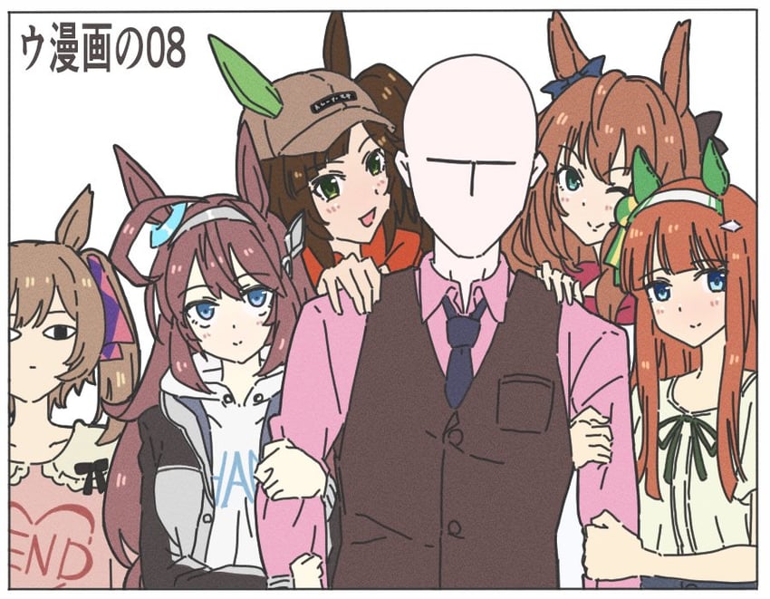 trainer, silence suzuka, mihono bourbon, t-head trainer, smart falcon, and 2 more (umamusume) drawn by dskbrevolution