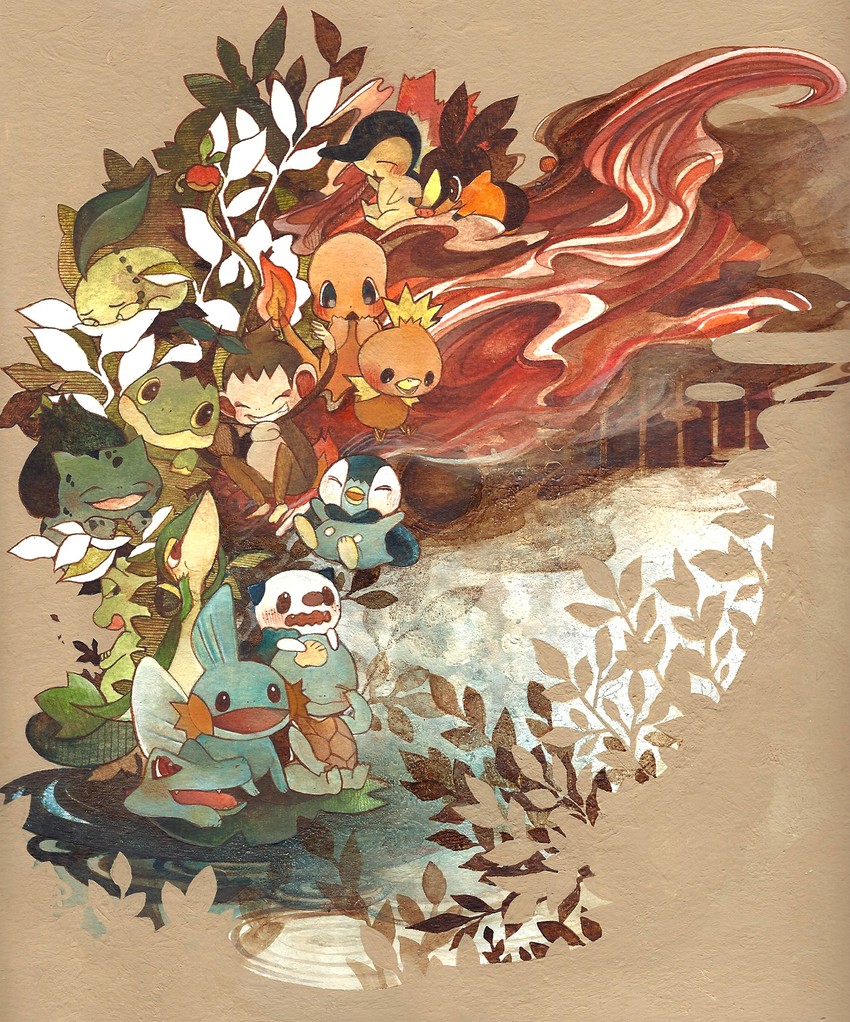 piplup, bulbasaur, oshawott, squirtle, snivy, and 10 more (pokemon) drawn by min_mec