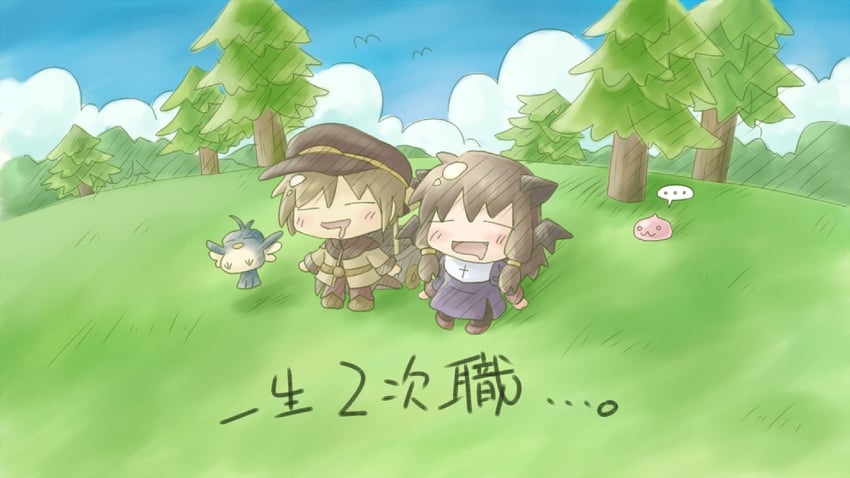 priest, poring, alchemist, and filir (ragnarok online) drawn by miesa