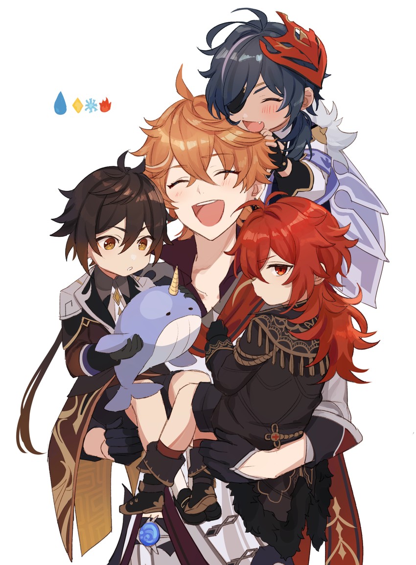 zhongli, tartaglia, diluc, and kaeya (genshin impact) drawn by miz_(mi)