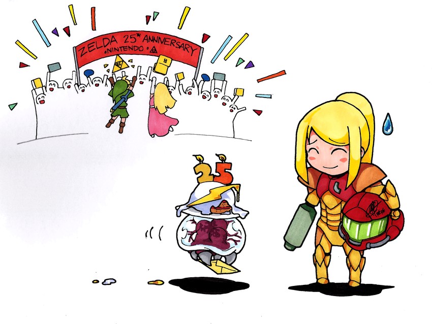 link, princess zelda, samus aran, metroid, and metroid larva (the legend of zelda and 3 more) drawn by alfred_pangkerego