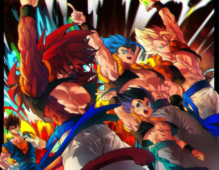 gogeta, vegetto, and gotenks (dragon ball and 2 more) drawn by ommmyoh