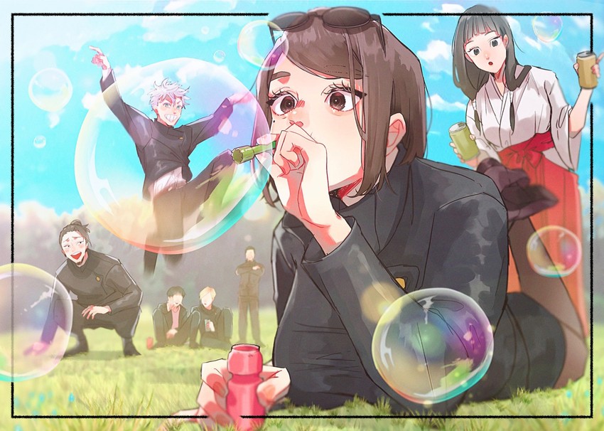 gojou satoru, getou suguru, nanami kento, ieiri shoko, iori utahime, and 2 more (jujutsu kaisen) drawn by o2o6e