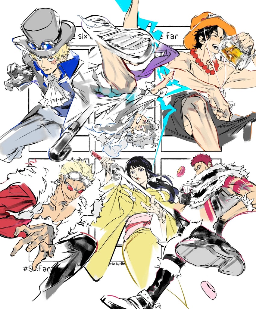monkey d. luffy, portgas d. ace, donquixote doflamingo, sabo, charlotte katakuri, and 1 more (one piece) drawn by gyps_loafar
