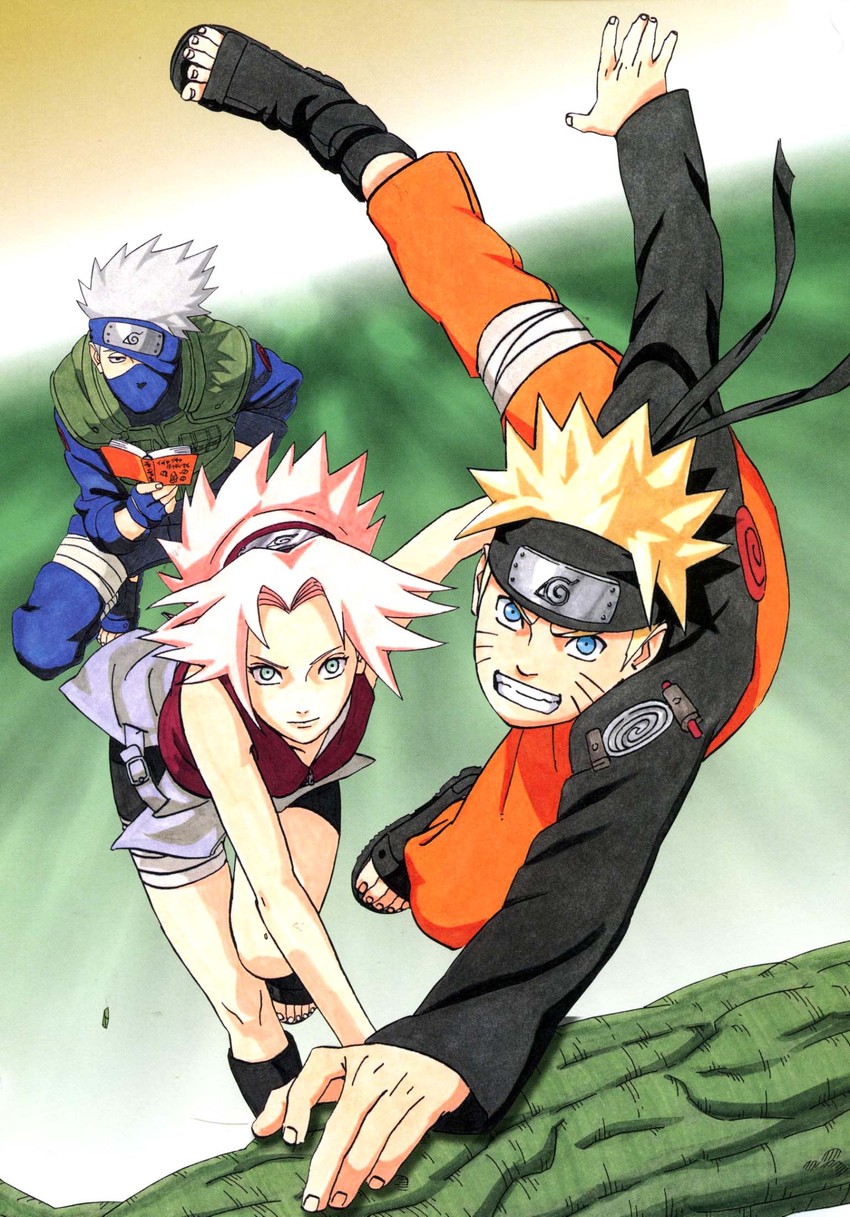 haruno sakura, uzumaki naruto, and hatake kakashi (naruto and 1 more) drawn by kishimoto_masashi