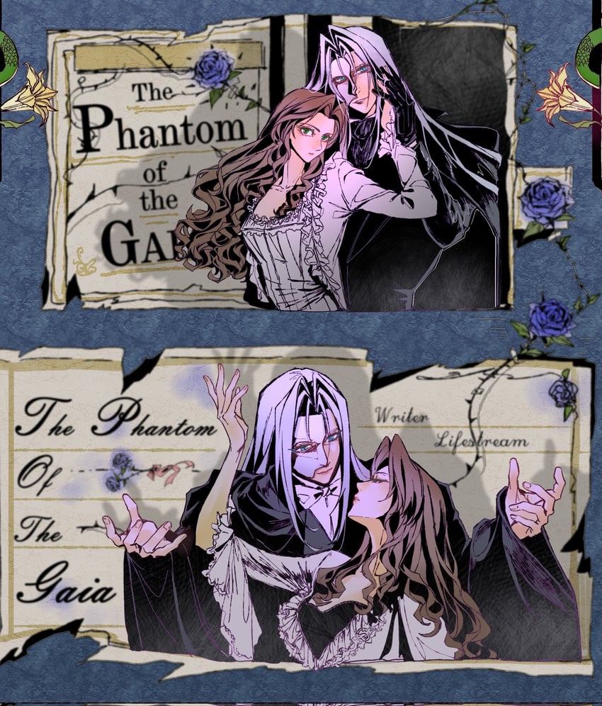 aerith gainsborough, sephiroth, erik, and christine daae (final fantasy and 3 more) drawn by zdax20001212