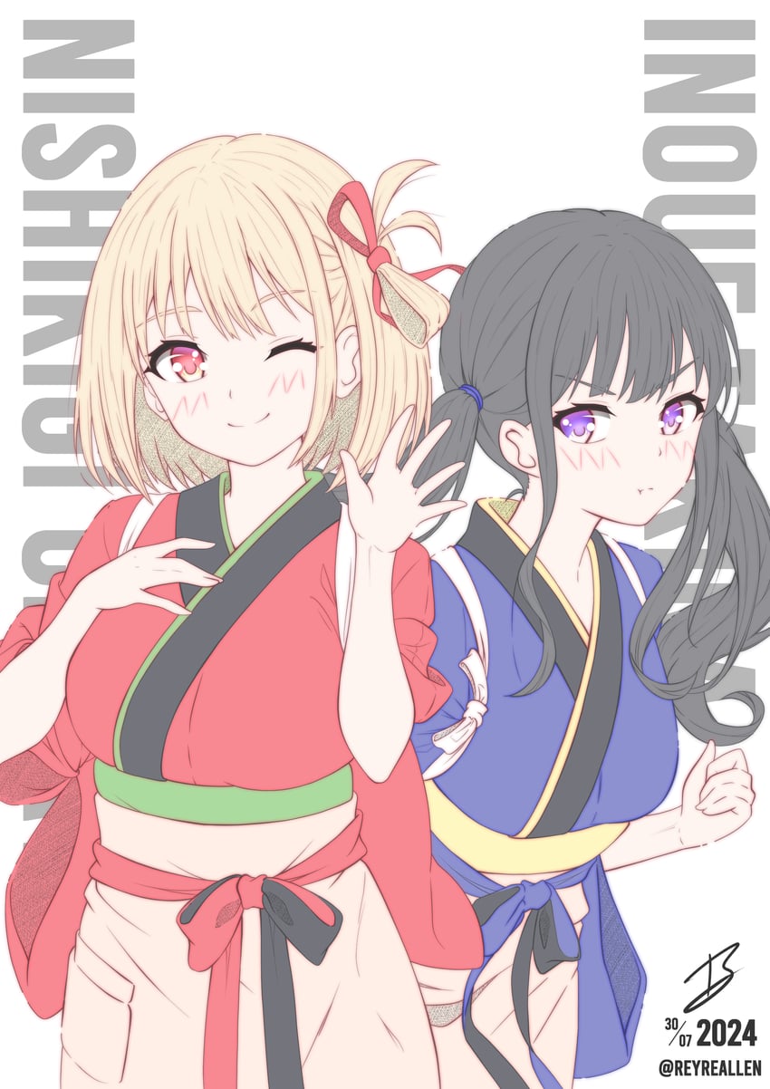 nishikigi chisato and inoue takina (lycoris recoil) drawn by realen