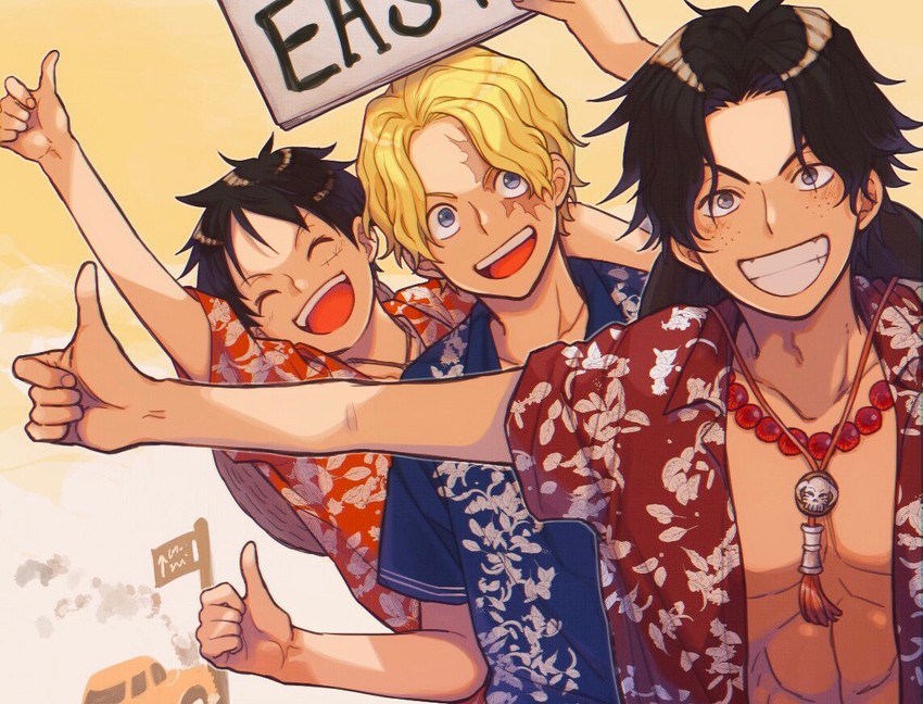 monkey d. luffy, portgas d. ace, and sabo (one piece) drawn by saran_w_rap