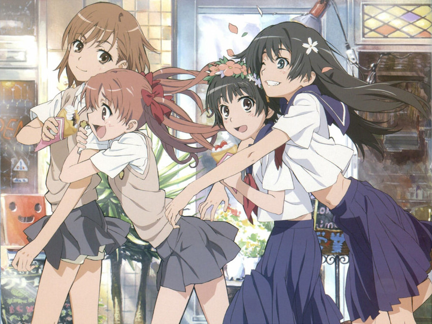 misaka mikoto, shirai kuroko, saten ruiko, and uiharu kazari (toaru majutsu no index and 1 more) drawn by tanaka_yuuichi