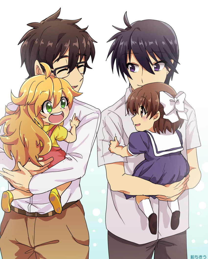 okazaki tomoya, okazaki ushio, nakamura yuuichi, inuzuka tsumugi, and inuzuka kouhei (clannad and 1 more) drawn by namarichi9