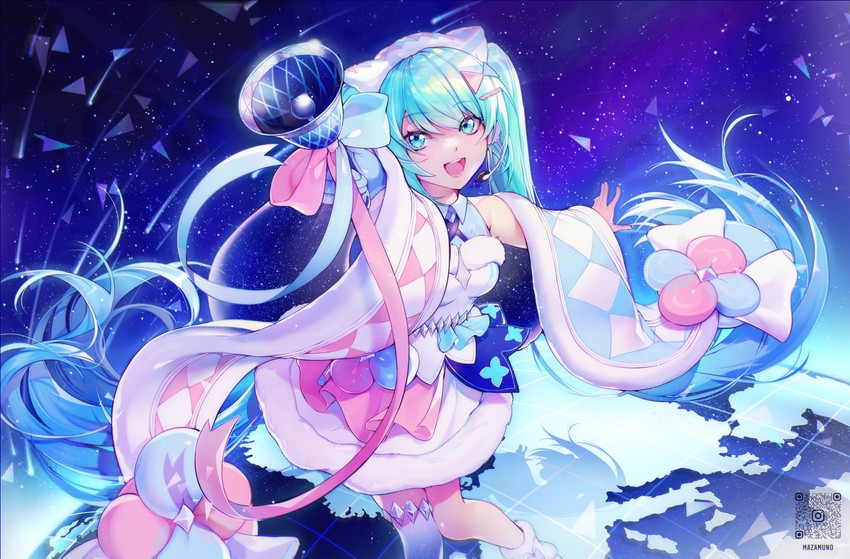 hatsune miku and magical mirai miku (vocaloid and 1 more) drawn by mazamuno