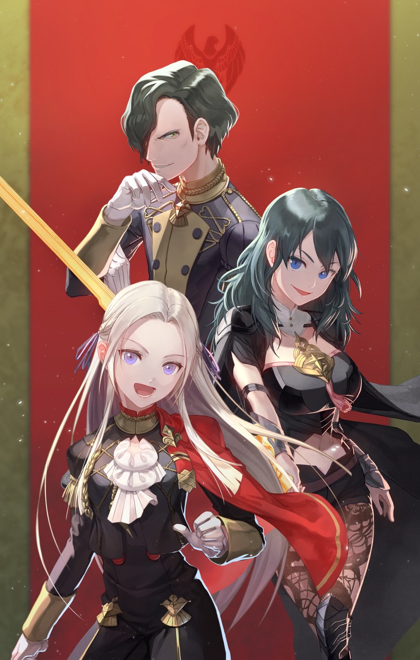 female byleth, edelgard von hresvelg, and hubert von vestra (fire emblem and 1 more) drawn by arumakan