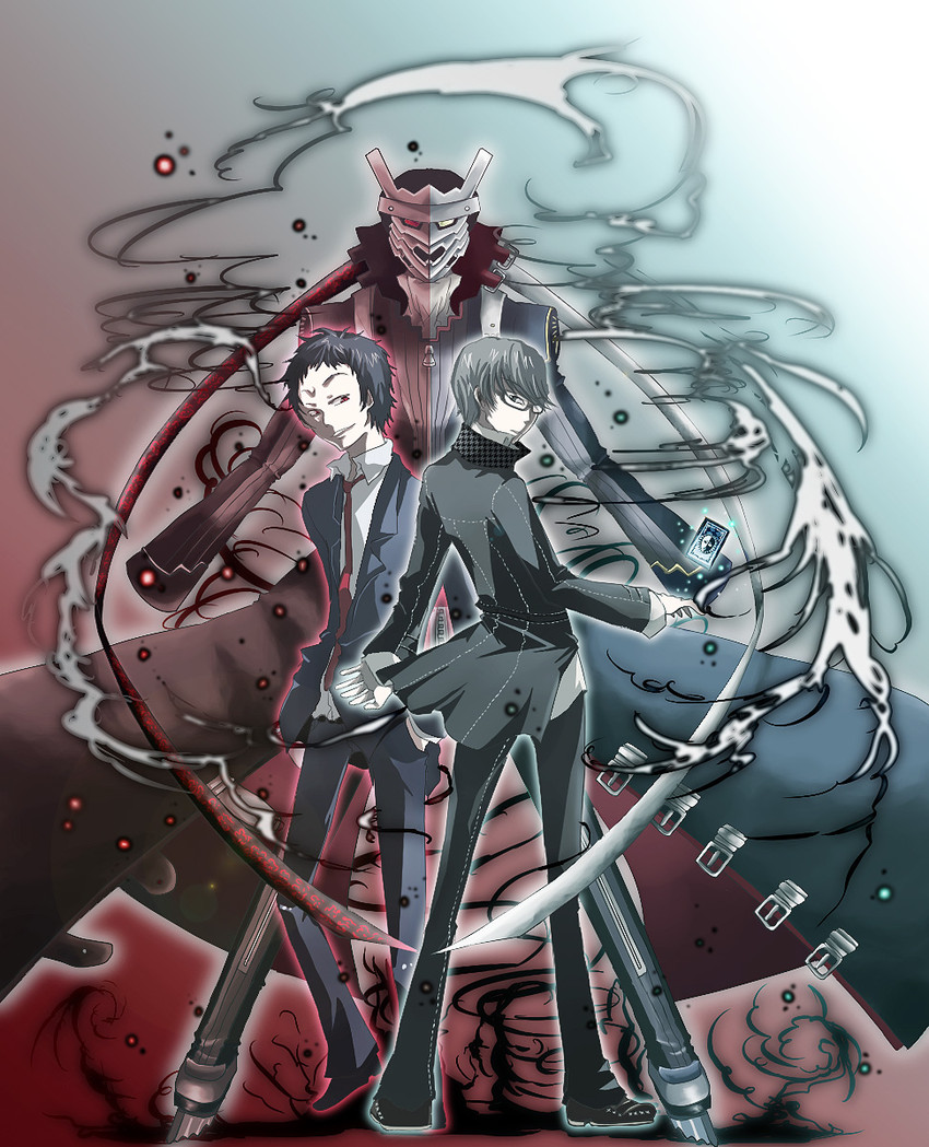 narukami yu, adachi tooru, izanagi, and magatsu izanagi (persona and 1 more) drawn by shion_(ikihara)