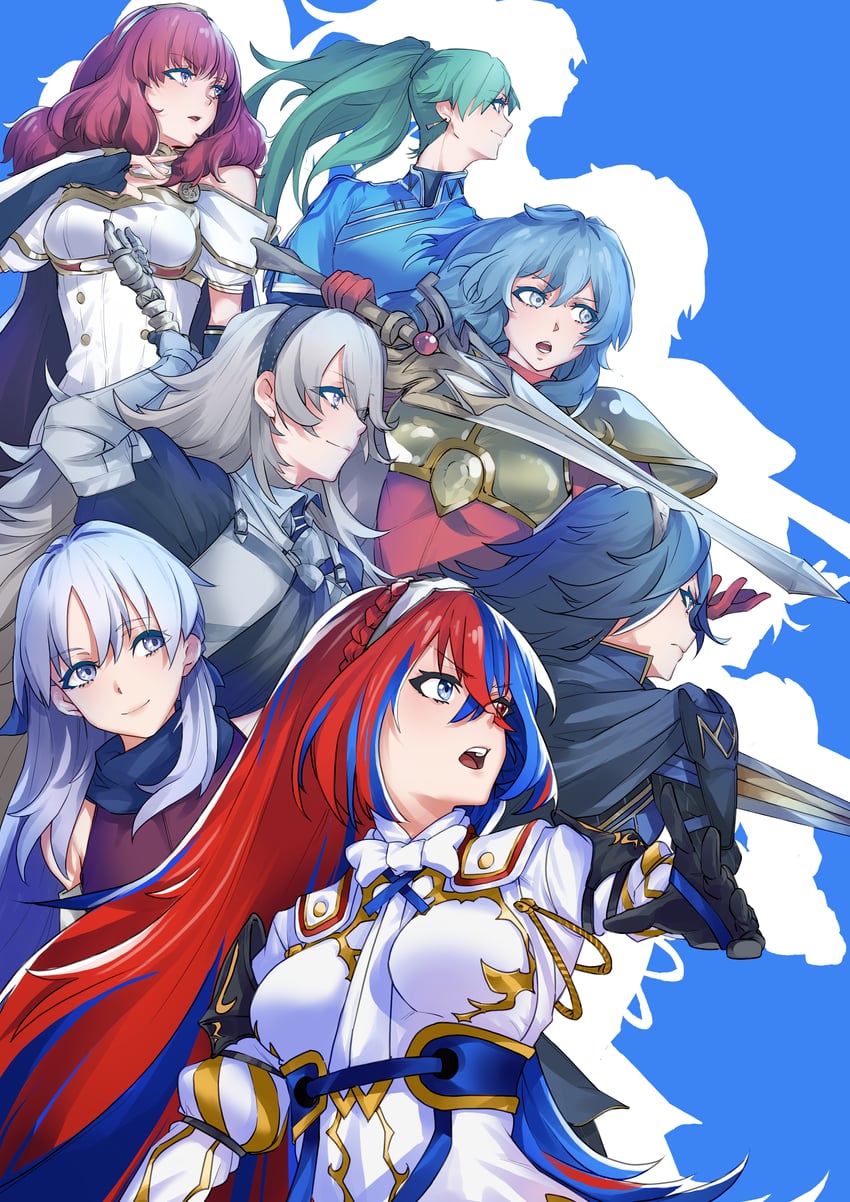 female alear, lyn, lucina, celica, eirika, and 2 more (fire emblem and 7 more) drawn by yt_(63641217)