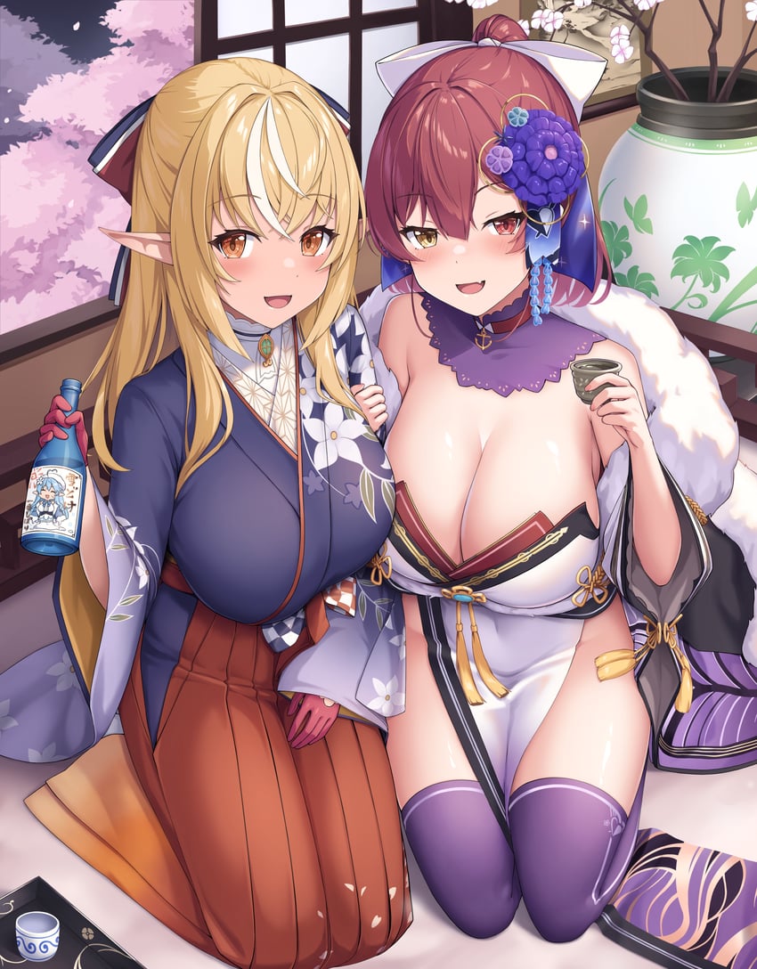 houshou marine and shiranui flare (hololive) drawn by tousaki_(tousakiworks)