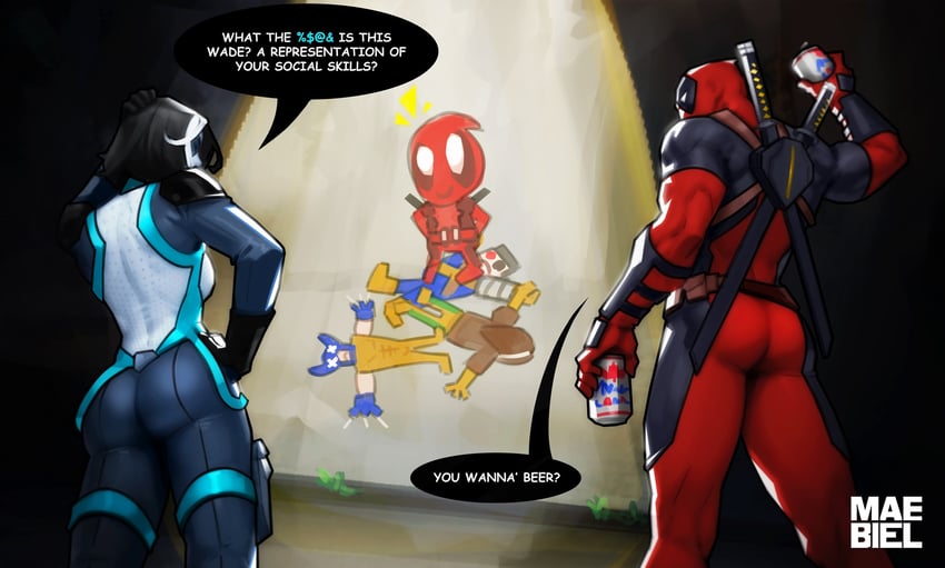 wolverine, deadpool, rogue, cable, and domino (marvel and 2 more) drawn by maebiel