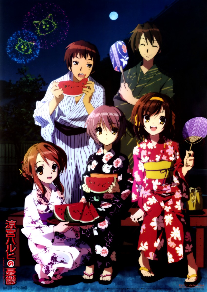 suzumiya haruhi, nagato yuki, asahina mikuru, kyon, and koizumi itsuki (suzumiya haruhi no yuuutsu) drawn by nishiya_futoshi