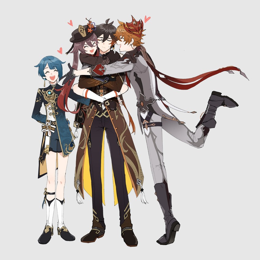 hu tao, zhongli, tartaglia, and xingqiu (genshin impact) drawn by lumbbyz