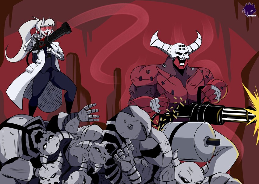 loremaster, skeleton, and subject 67 (helltaker and 1 more) drawn by frank_araya