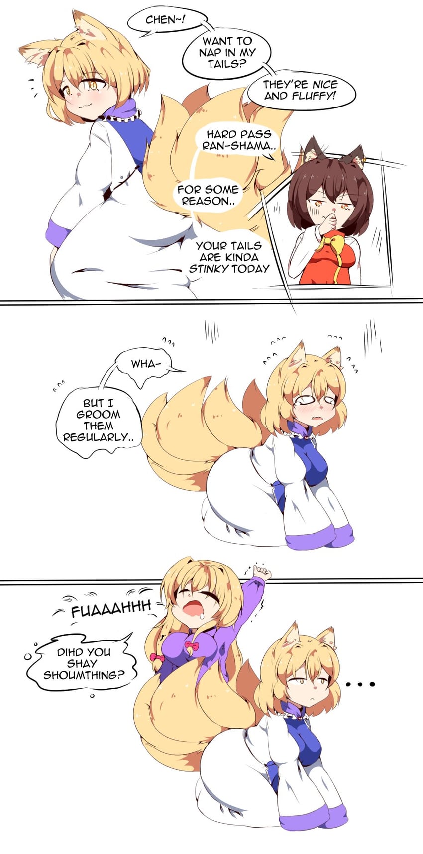 yakumo yukari, yakumo ran, and chen (touhou) drawn by jungleboyayaya