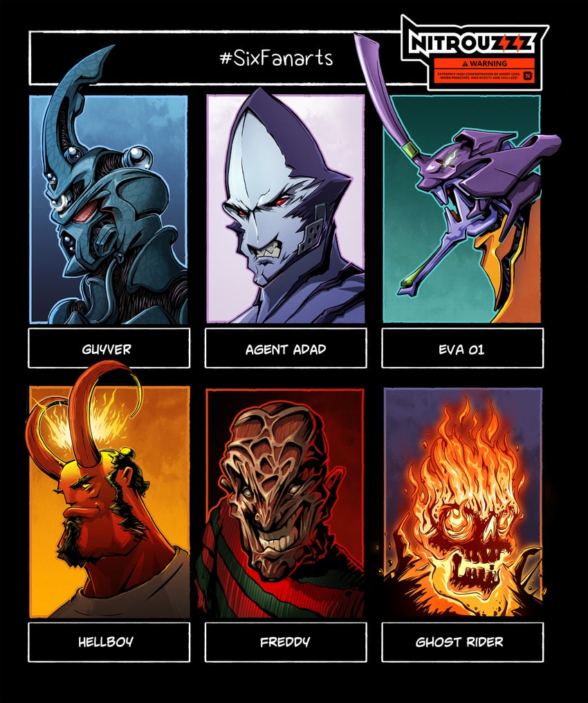 eva 01, hellboy, freddy krueger, ghost rider, guyver i, and 1 more (neon genesis evangelion and 7 more) drawn by nitrouzzz